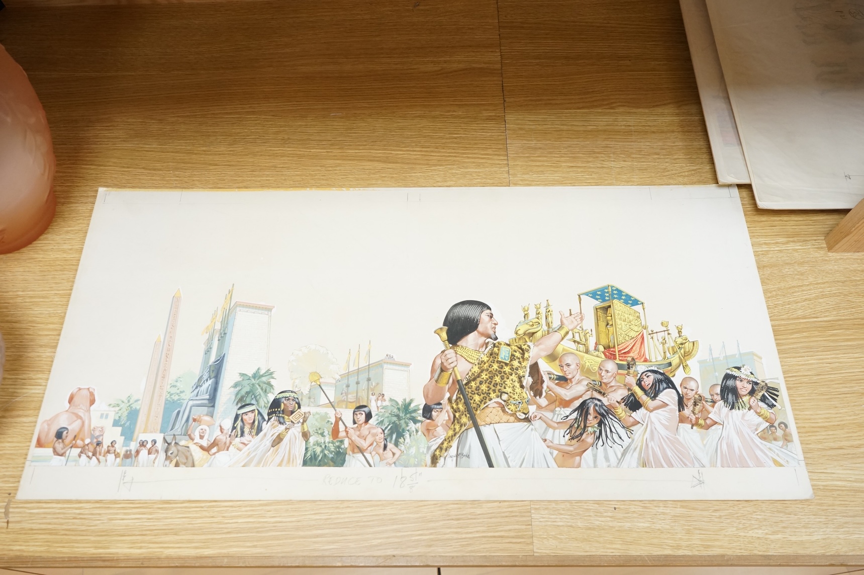 Angus McBride (1931-2007), five illustrations from 'One day in Tutankhamun's Egypt' to include Processions, Pyramid building and Studies of Pharoahs, watercolour and gouaches, largest 38 x 80cm, unframed, together with t